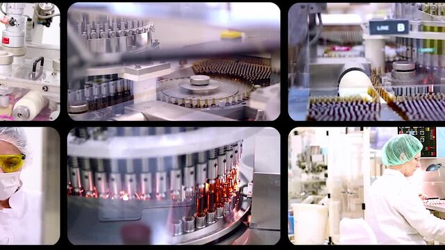 16-Window Multiscreen Pharmaceutical Manufacturing. High-tech concept showcasing drug production and industrial automation by combining tablet lines and liquid medicine ampoule manufacturing.