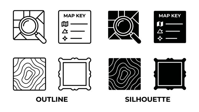 Map Icons Set: A comprehensive collection of map-related icons, featuring outline and silhouette versions of a magnifying glass over a map, a map key legend, and topographic contour lines.