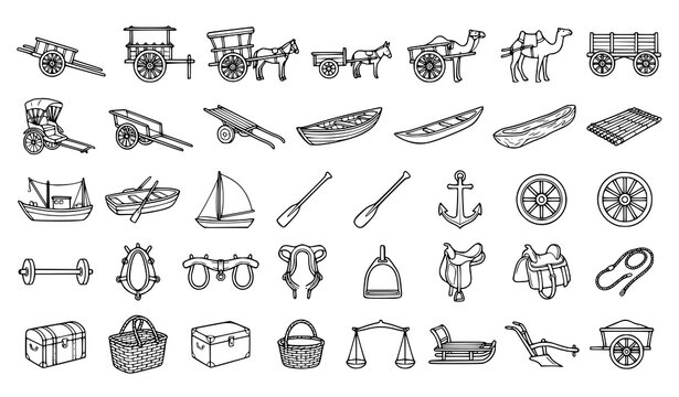 Traditional transport vehicles collection, rural travel equipment, ancient watercraft tools, and rustic animal gear black line vector icons set isolated on white background