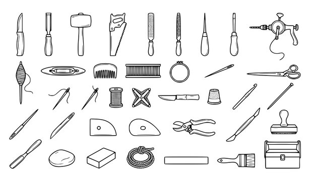 Handicraft tools collection, traditional artisan equipment, craft maker instruments, woodworking and textile tools black line vector icons set isolated on white background
