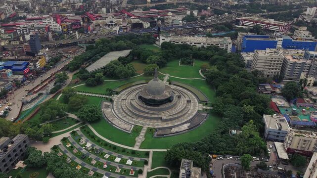 Aerial view of Patna, Bihar, India, showcasing the dense urban landscape, residential buildings, modern infrastructure, and busy roads of the city. Patna's rapid urban development