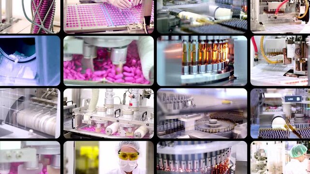 16-Window Multiscreen Pharmaceutical Manufacturing Zoom to Center Pills and Ampoules. Ideal for corporate pharmaceutical presentations, biotech overviews, and advanced medical technology backgrounds.