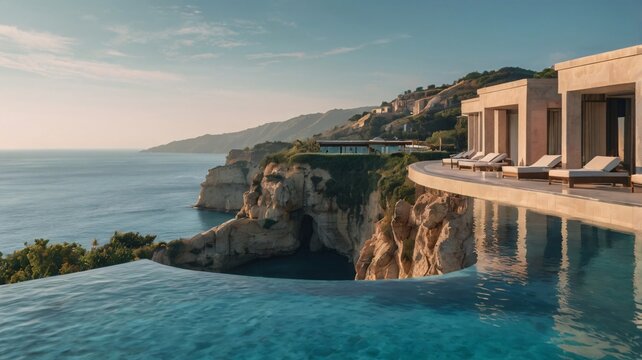 Luxury infinity pool at a cliffside resort overlooking the ocean at sunset