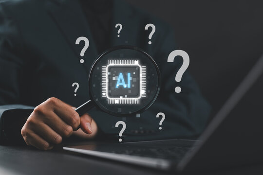 AI question analysis and artificial intelligence research concept. Woman using laptop with magnifying glass, AI chip and question marks showing data discovery, problem solving, smart decision support.