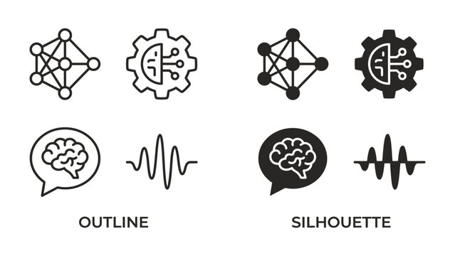 Neural Network and AI Concepts: A visual representation of artificial intelligence and neural network concepts, featuring outline and silhouette icons of brain, network connections, gear.