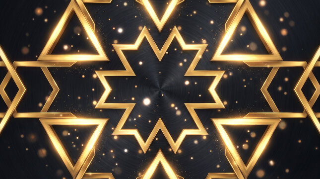 Abstract Golden Geometric Pattern with Glowing Triangles and Luxury Light Particles on Black