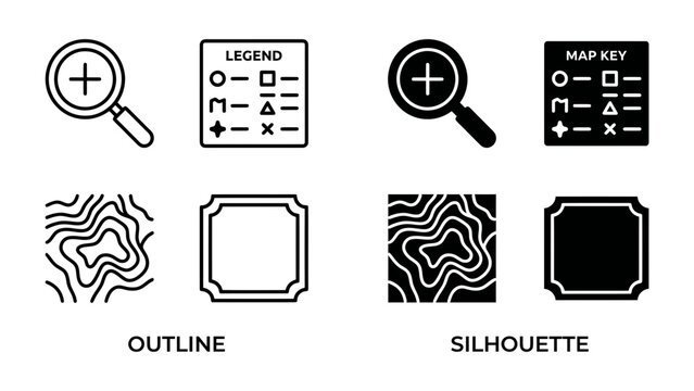 Map Icons and Legend: A collection of graphic icons illustrating map elements, including a magnifying glass, legend key, topographic contour lines, and a blank square.