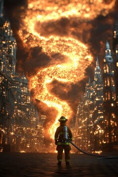 Professional firefighter battling surreal flames in urban environment the working atmosphere