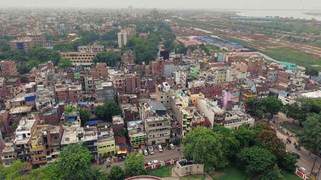 Aerial view of Patna, Bihar, India, showcasing the dense urban landscape, residential buildings, modern infrastructure, and busy roads of the city.