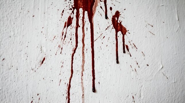 Dark blood splatter on white wall background with abstract liquid texture for crime scene investigation and horror genre editorial