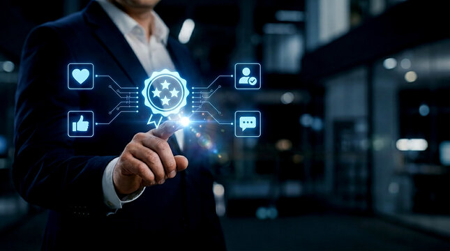 Businessman tapping star icon on virtual screen to build brand trust and reputation of high customer satisfaction with glowing digital graphic interface
