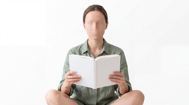Young woman sitting cross legged on floor reading open novel book with focus, student learning lifestyle studio product photo isolated on clean white background