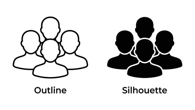 Group of People Icons: A comparison of two stylized depictions of a group of people, one in outline and the other in solid silhouette, representing concepts of community, unity.
