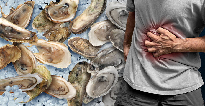 Oyster Poisoning Outbreak as contaminated oysters resulting in sickened people after consuming as a food safety and seafood contamination health concept as a foodborne illness