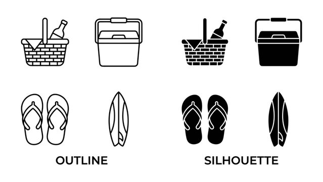 Picnic and Beach Gear Icons: A set of four graphic icons showcasing essential items for a day of leisure, including a picnic basket with a bottle, a cooler, flip-flops, and a surfboard.