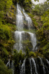 Fototapeta premium Multi-tiered Palvanak Waterfall cascading through lush forest in Tashkent Region, Uzbekistan, surrounded by moss-covered rocks and vibrant spring vegetation.