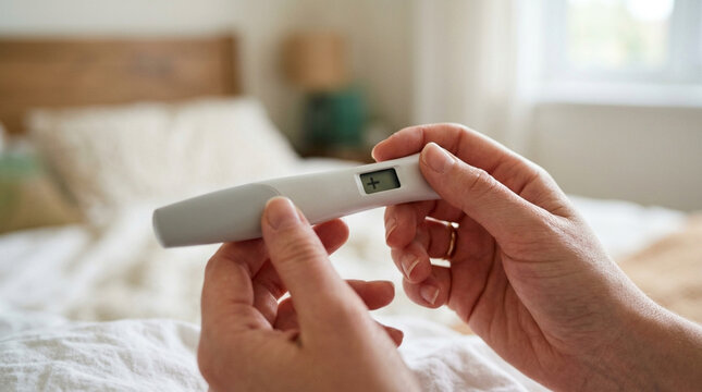 Woman holding positive pregnancy test result