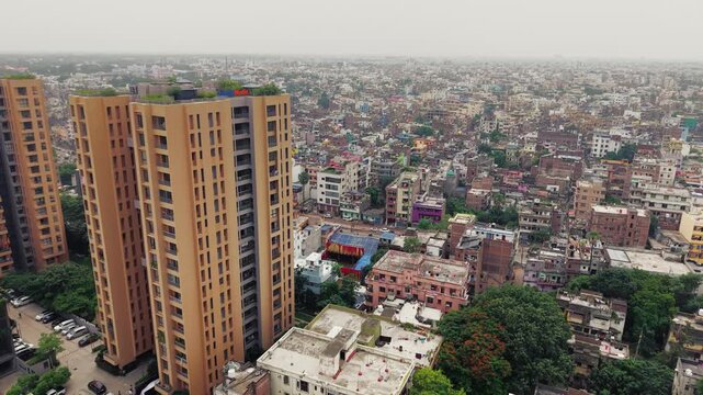 Aerial view of Patna, Bihar, India, showcasing the dense urban landscape, residential buildings, modern infrastructure, and busy roads of the city.
