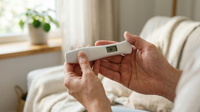 Woman holding positive pregnancy test with plus sign on digital screen