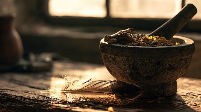 Stone mortar with mandrake roots and dried petals, quill feather beside on weathered wood, apothecary still life