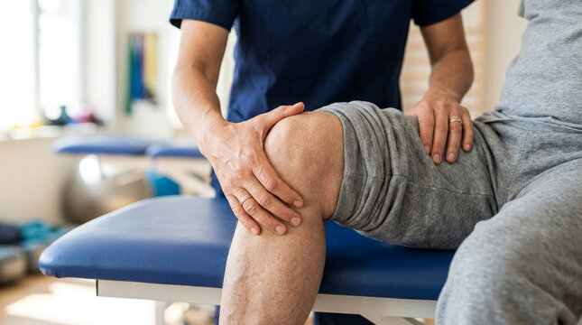 Physical Therapist Examines Patient's Knee Injury on Exam Table