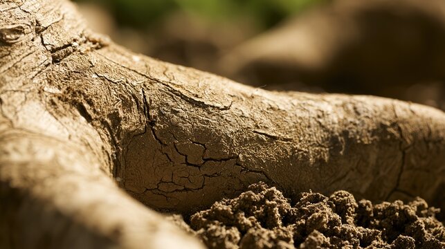 Close-up of kava plant root with rough texture and fresh soil, natural earthy tones, traditional botanical study