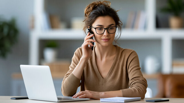 Young Asian woman working from home on laptop, successful online business and digital income concept, modern white office, smartphone and notebook on desk, natural sunlight, photorealistic commercial