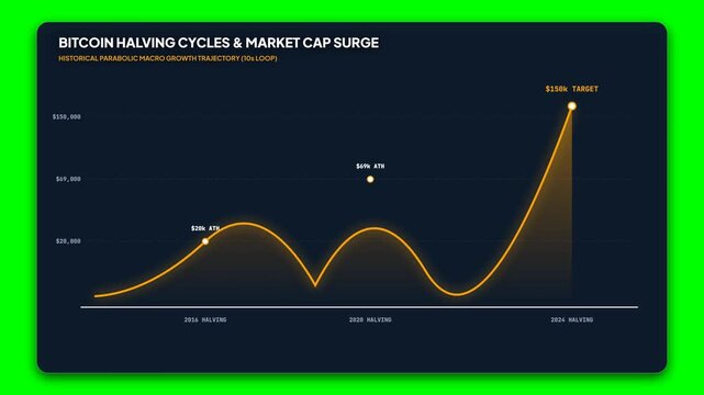 Bitcoin halving cycles and market cap surge chart. Cryptocurrency growth trajectory graph on green screen. Financial data visualization of crypto price trends.