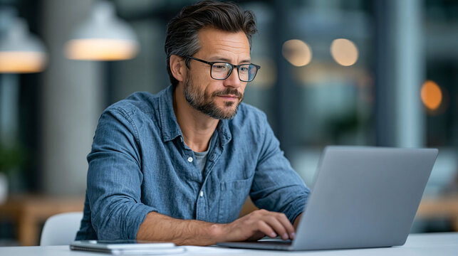 Professional Asian man sitting at a desk using laptop for digital banking, online money transfer and personal finance management, bright clean interior, natural expression, ultra realistic commercial