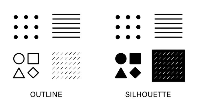 Outline vs Silhouette: A clear visual comparison showcasing the fundamental differences between outline and silhouette graphic elements, demonstrating shapes and patterns in a side-by-side format.
