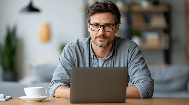 Asian male entrepreneur working on laptop while managing online income and electronic payments, clean modern home office, bright neutral colors, confident professional expression, spacious