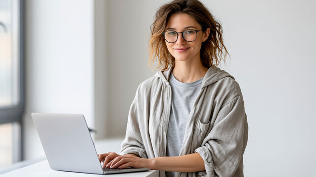 Asian female entrepreneur using laptop for online business and digital financial management, smiling confidently, clean contemporary workspace, white wall, soft natural window light, modern