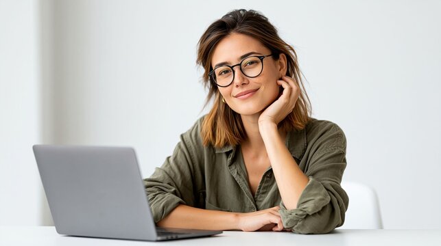 Happy Asian woman looking at laptop while managing digital finances, online payment and savings concept, bright modern home office, white background, clean desk, authentic smile, commercial