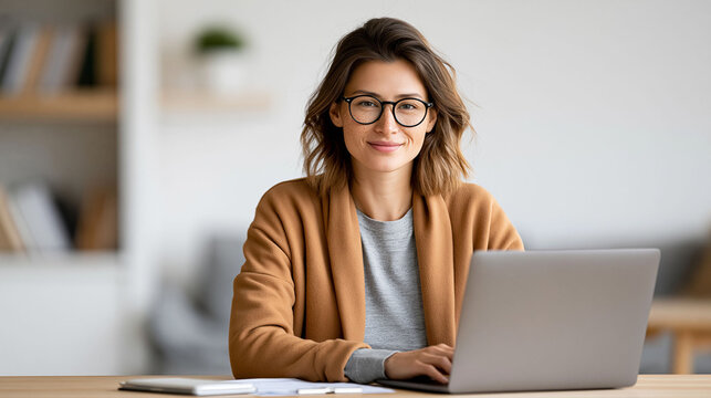 Happy Asian woman looking at laptop while managing digital finances, online payment and savings concept, bright modern home office, white background, clean desk, authentic smile, commercial