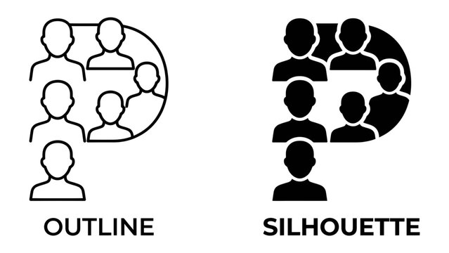 Team Icons: Outline and Silhouette versions of icons representing a team or group of people forming the letter 'P', symbolizing partnership or people.
