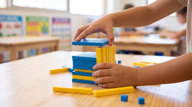 A child hands building a tower with blue and yellow plastic math blocks on a wooden table ad social media download thambnail poster web template event festival 2026 2027 2028