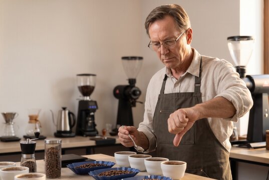 Barista tasting coffee for quality, showing thumbs down indicating poor taste