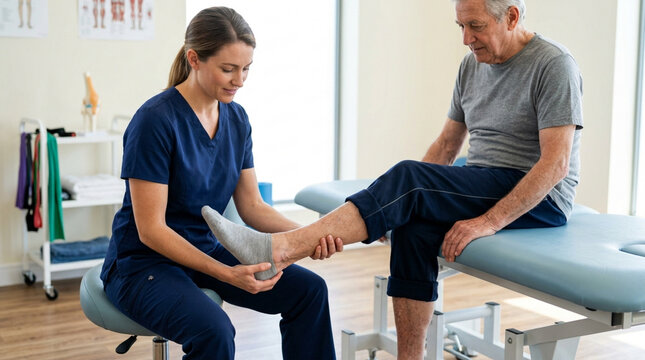 Physical Therapist Examines Senior Man's Leg and Foot Injury