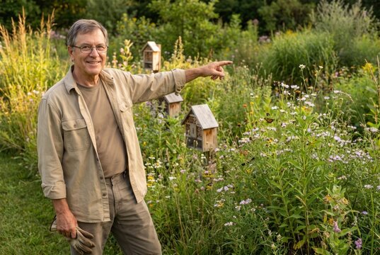Man pointing, presenting a vibrant native plant garden with insect hotels and butterflies