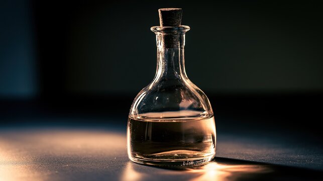 Curved glass demijohn creating bright caustic refractions, soft fluid inside, luminous abstract minimal art