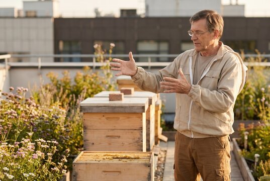 Beekeeper standing on a rooftop garden, discussing urban beekeeping and sustainable practices