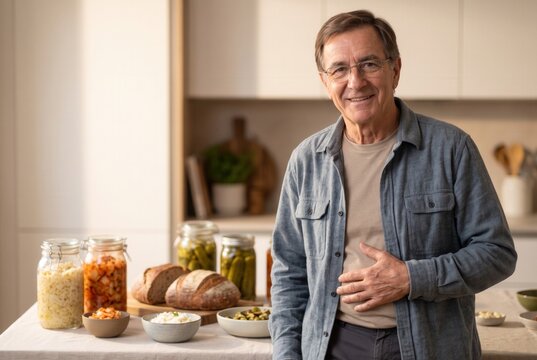 Smiling man touching his stomach, standing in a kitchen with various fermented foods on a table