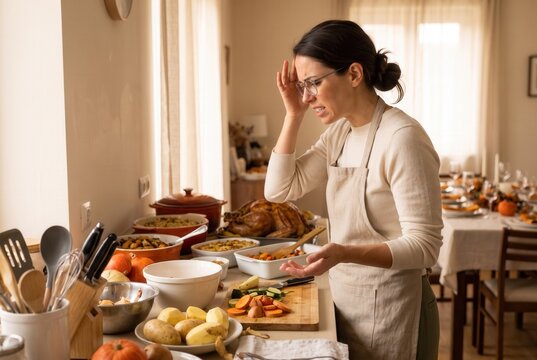 Woman standing in kitchen feeling overwhelmed by preparations for a festive meal