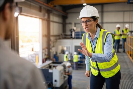 Angry female supervisor expressing frustration and stopping a male worker in industrial facility