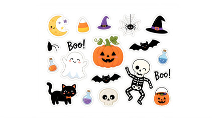 Fototapeta premium Colorful halloween stickers collection featuring ghosts pumpkins bats and other motifs isolated on transparent background