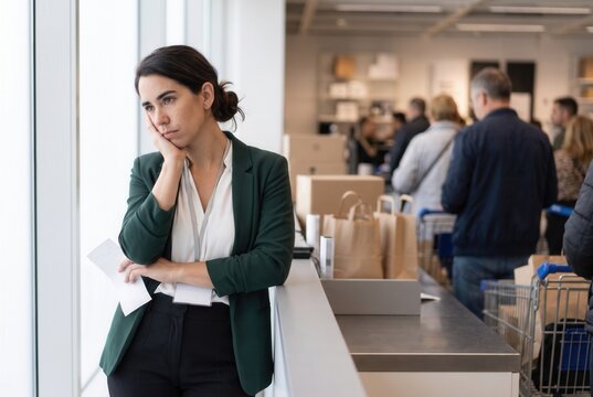 Woman feeling bored and impatient, leaning on counter while waiting in a busy retail checkout line