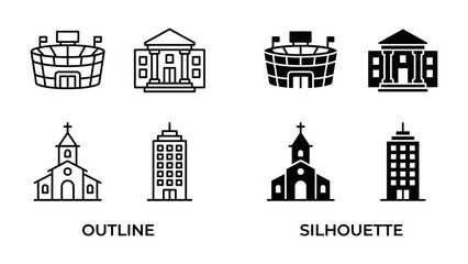 Fototapeta premium Architectural Icons Set: A collection of building outlines and silhouettes, featuring a stadium, courthouse, church, and skyscraper, representing different structures in graphic design.