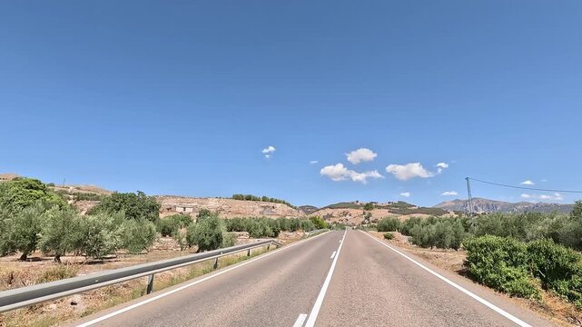 Driving on a rural road between hills with olive trees and blue sky, seen from the driver, in Jaen, Andalusia, Spain
