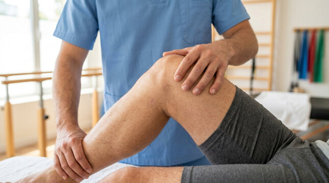 Physical therapist examining patient's knee during rehabilitation in clinic