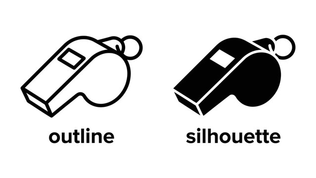 Whistle Icon Set: A pair of whistle icons, one in outline and the other in silhouette, symbolizing sports, refereeing, and coaching.